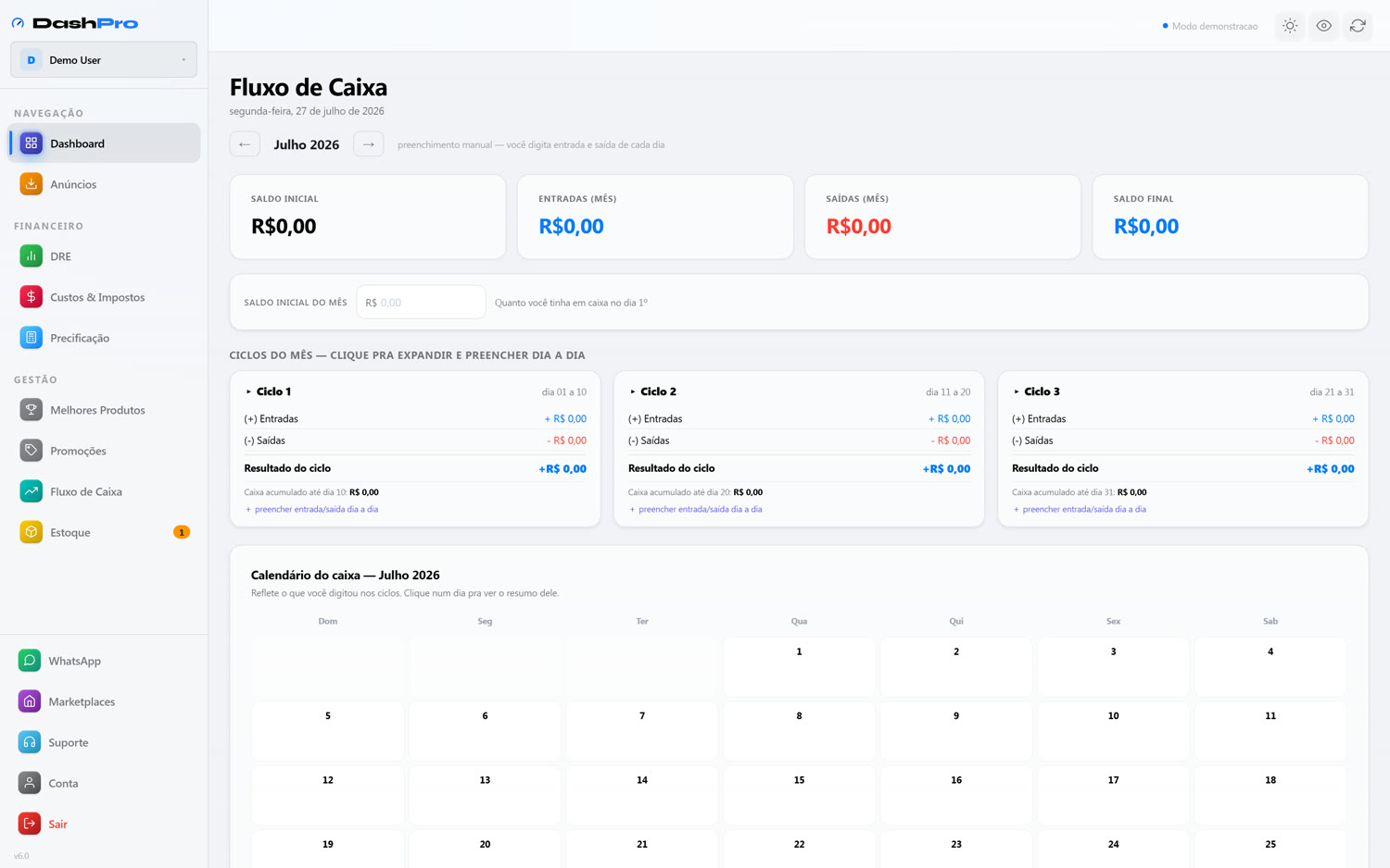 Fluxo de caixa do DashPro em ciclos e calendário